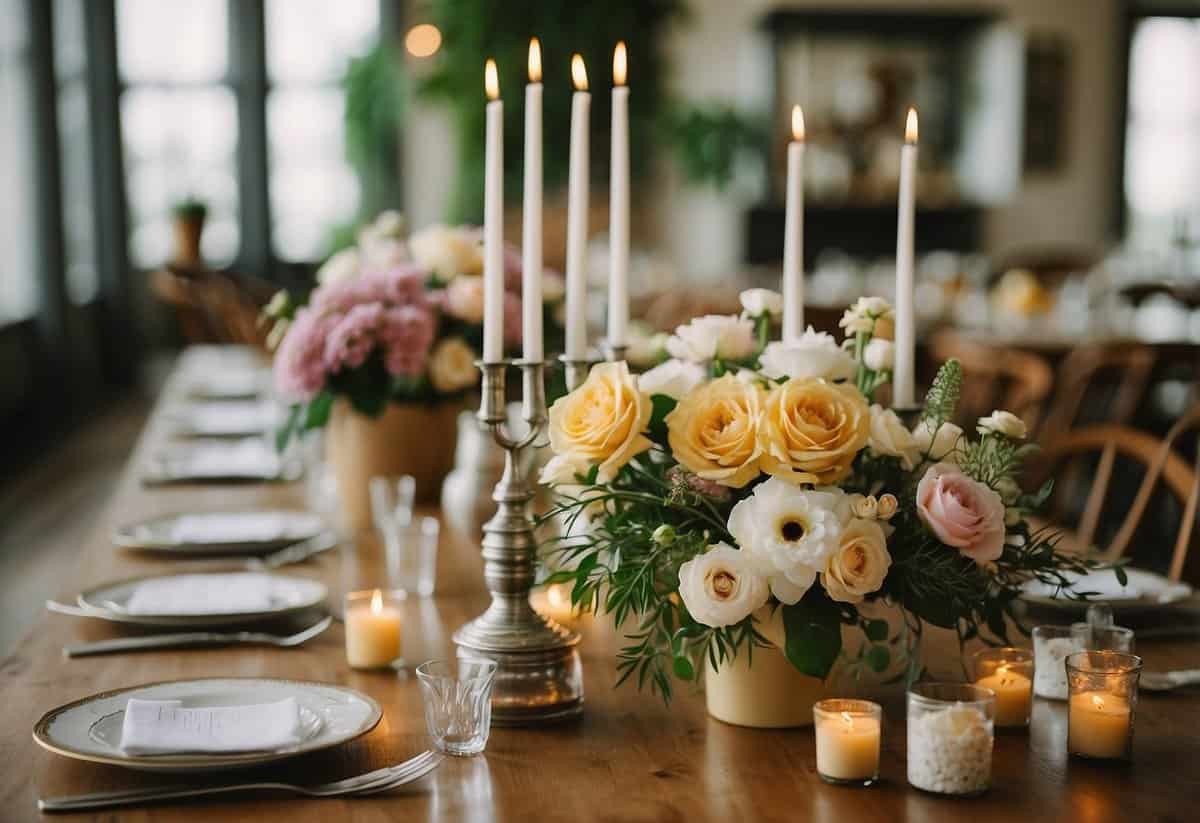 A table with various flowers, vases, and budgeting tools. A sign reads "Repurpose Ceremony Arrangements" with tips written below