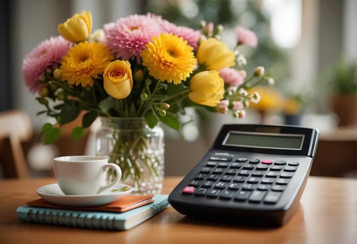 A table with various small bouquets, a budget planner, and a calculator. A sign reads "Opt for Smaller Bouquets."