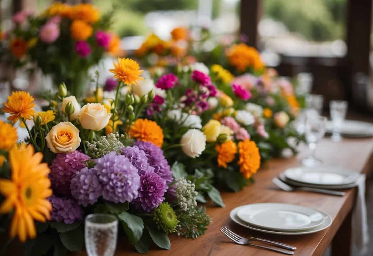 A table with a variety of fresh, colorful flowers in season, labeled "Local and In-Season Blooms." A budget sheet with tips for wedding flowers is nearby