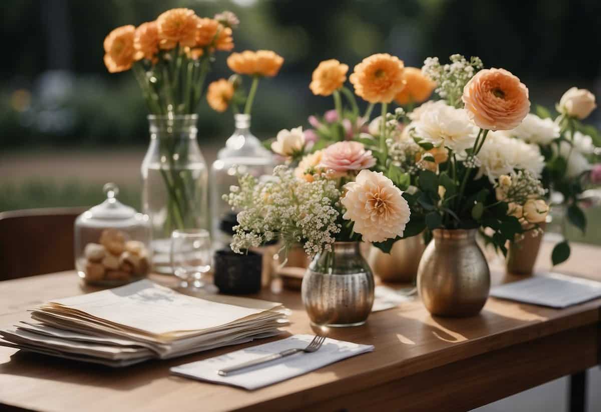 A table with various flowers, vases, and budgeting tools. A sign with "DIY Certain Arrangements wedding flower budget tips" displayed prominently