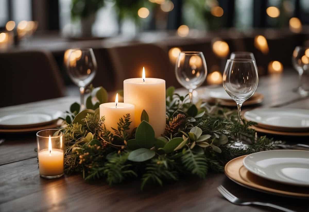 A table with no floral centerpieces, but instead adorned with simple, elegant candles and greenery. The atmosphere is warm and inviting, with a focus on minimalist beauty