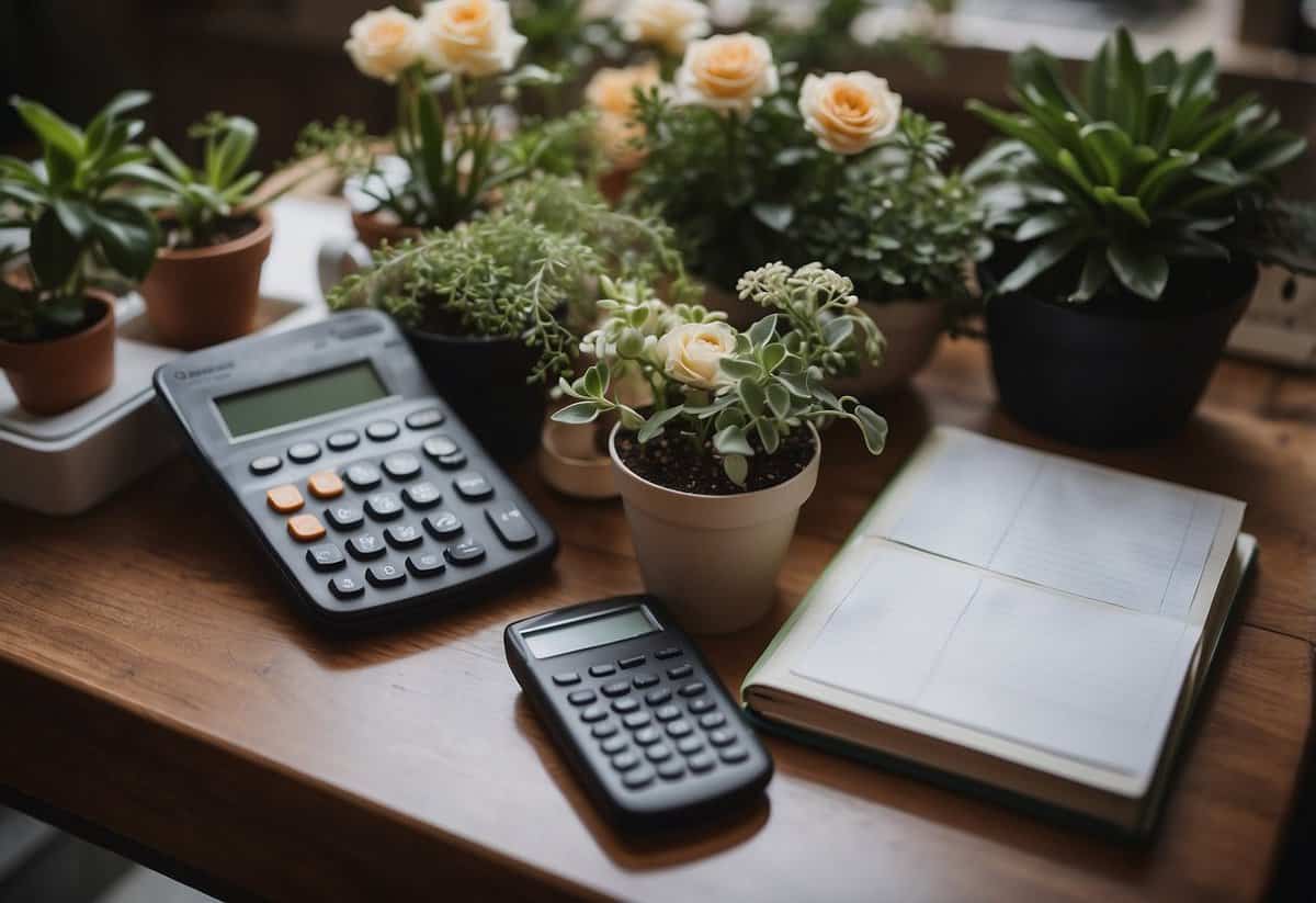 A table with various potted plants, a notebook, and a calculator. A bride and groom discussing wedding flower budget tips with a florist