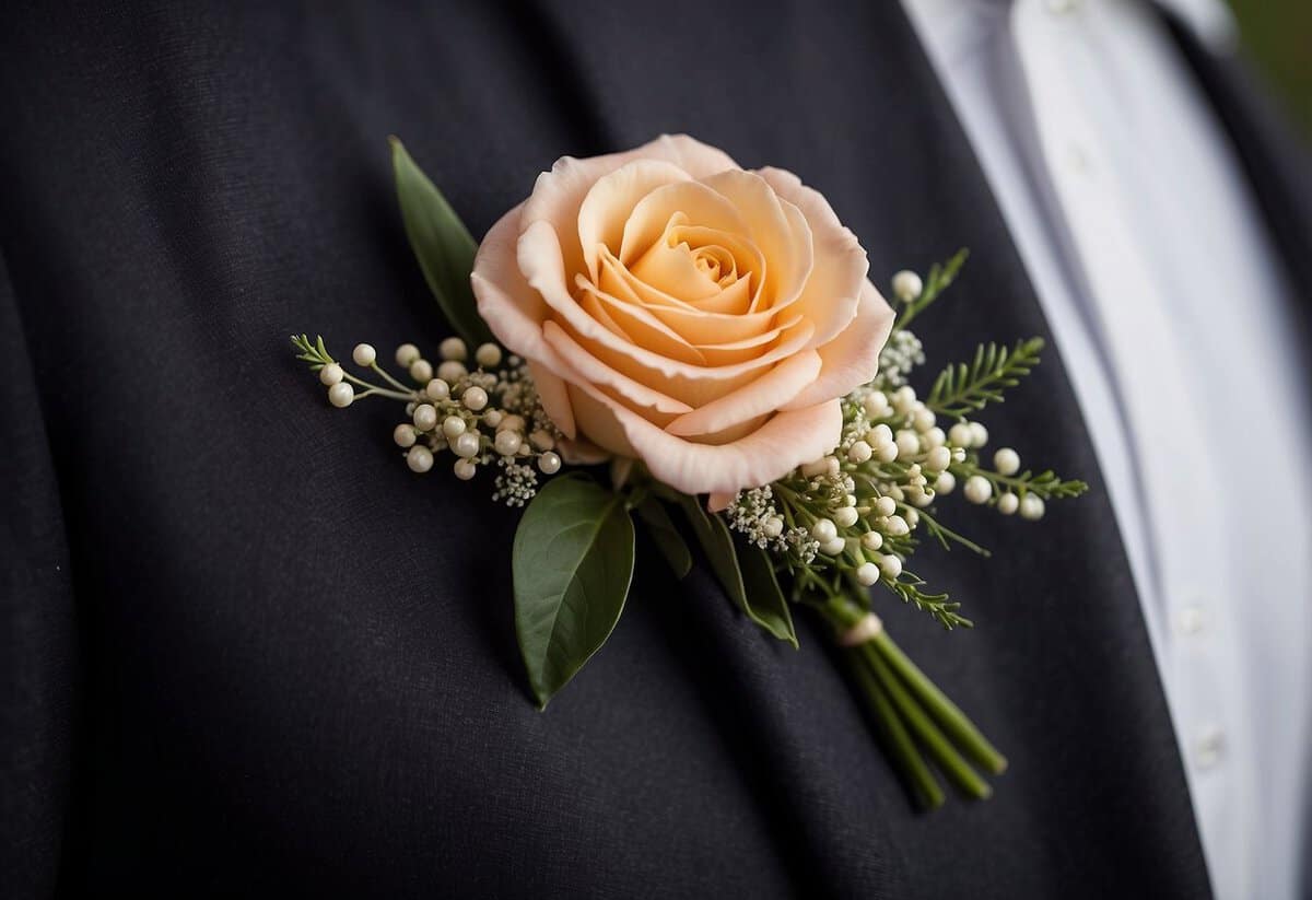 A single boutonniere flower, such as a rose or carnation, pinned to a lapel. Surrounding it are small budget-friendly floral options like baby's breath or greenery