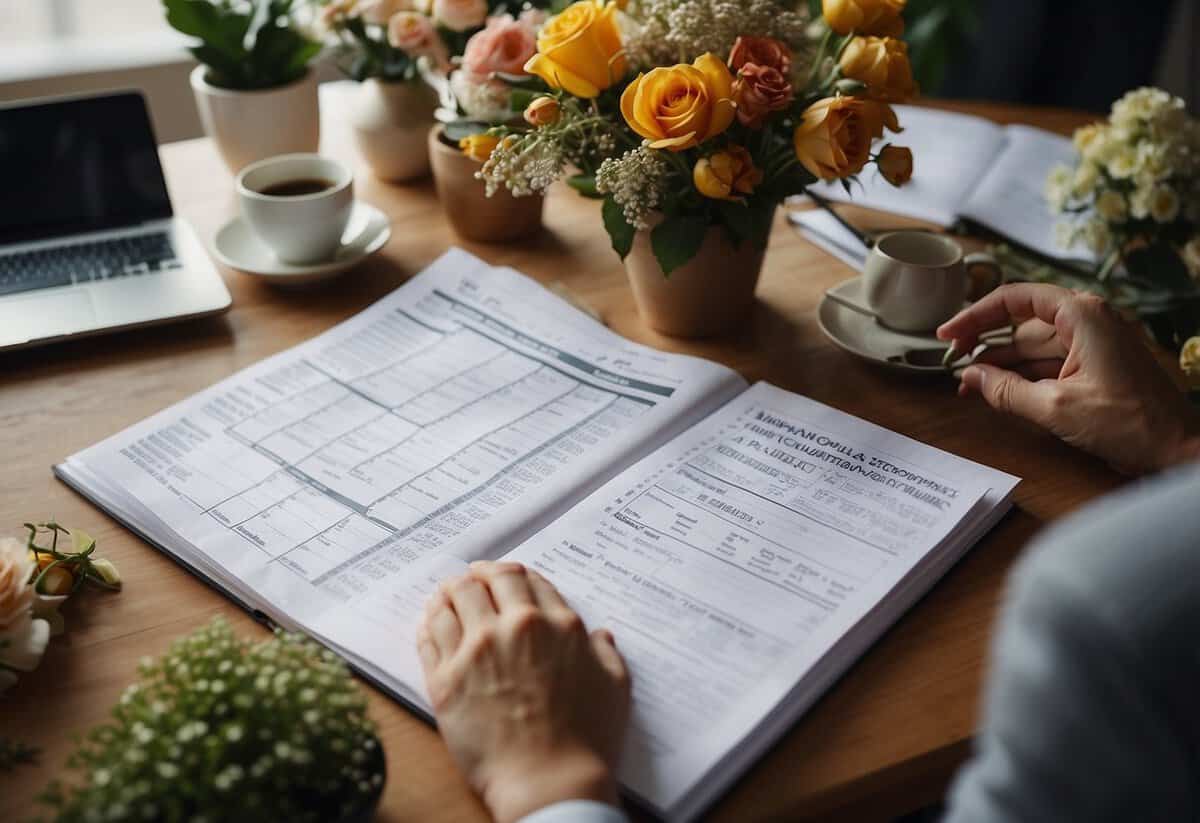 A table with a budget spreadsheet, various flower samples, and a calculator. A couple discusses options with a florist, surrounded by floral arrangements