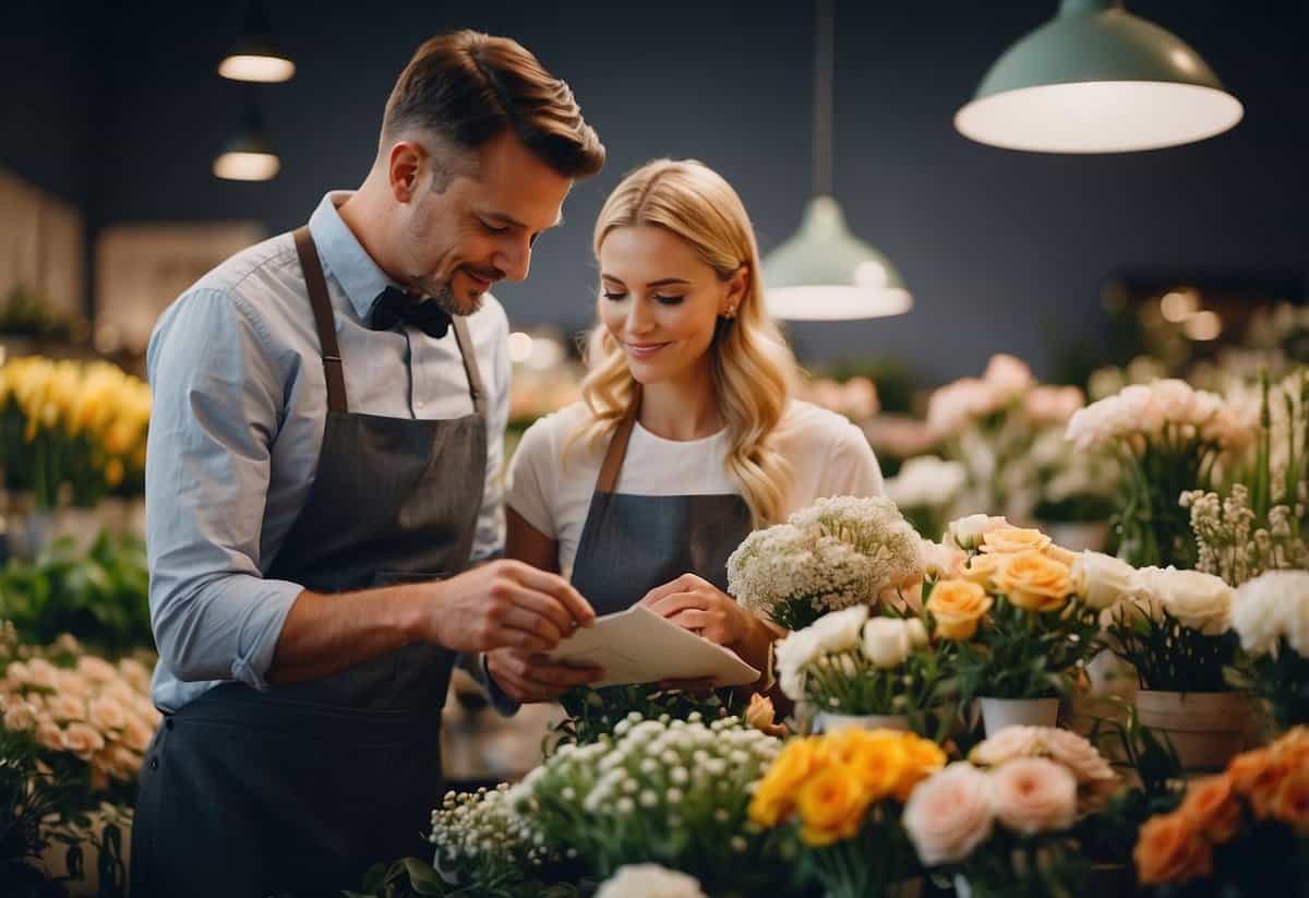 A bride and groom carefully selecting budget-friendly flowers at a floral shop. They compare prices and discuss options with the florist