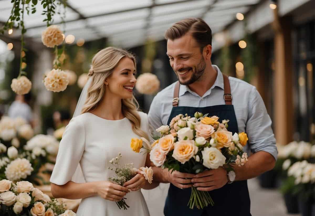 Florist arranging budget-friendly wedding flowers. Tables with price lists and sample arrangements. Happy couple discussing options