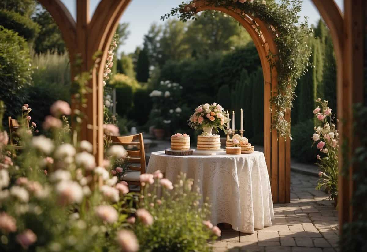 A garden setting with a simple wooden arch adorned with flowers. A table with a lace tablecloth and a small cake. Guests in casual attire mingle and chat