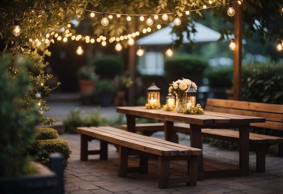 A cozy outdoor garden with string lights, wooden benches, and a small gazebo set up for a casual wedding celebration