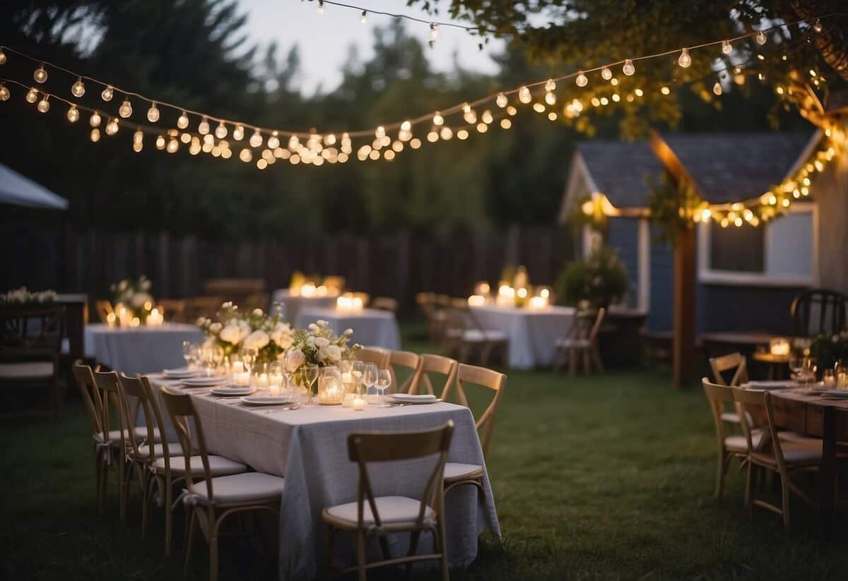 A cozy backyard wedding with string lights, a DIY photo booth, and personalized mason jar centerpieces