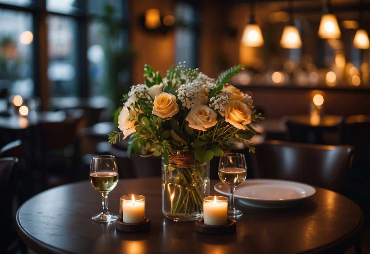 A cozy restaurant with simple decor, dim lighting, and a laid-back atmosphere. Tables are adorned with small flower arrangements and flickering candles, creating a warm and inviting space for a casual wedding reception