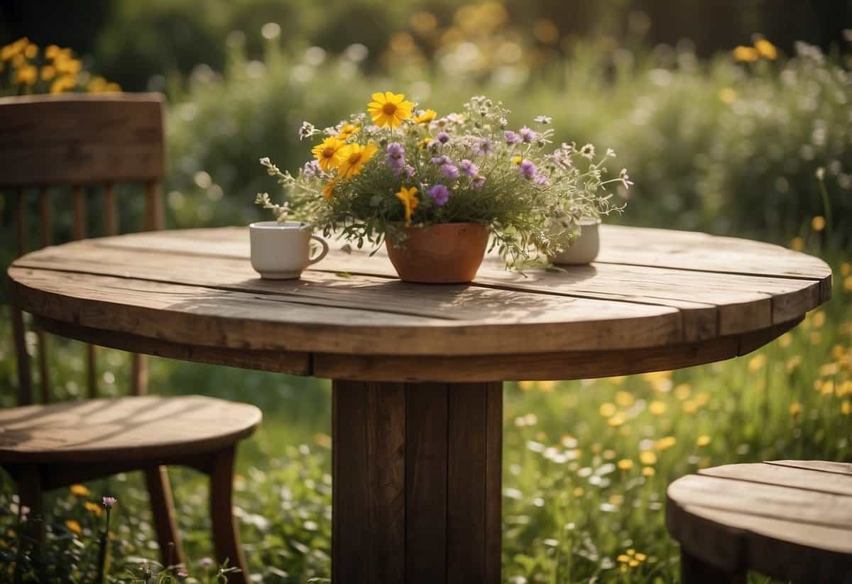 A rustic wooden table adorned with wildflowers and greenery, set against a backdrop of a sunlit garden in full bloom