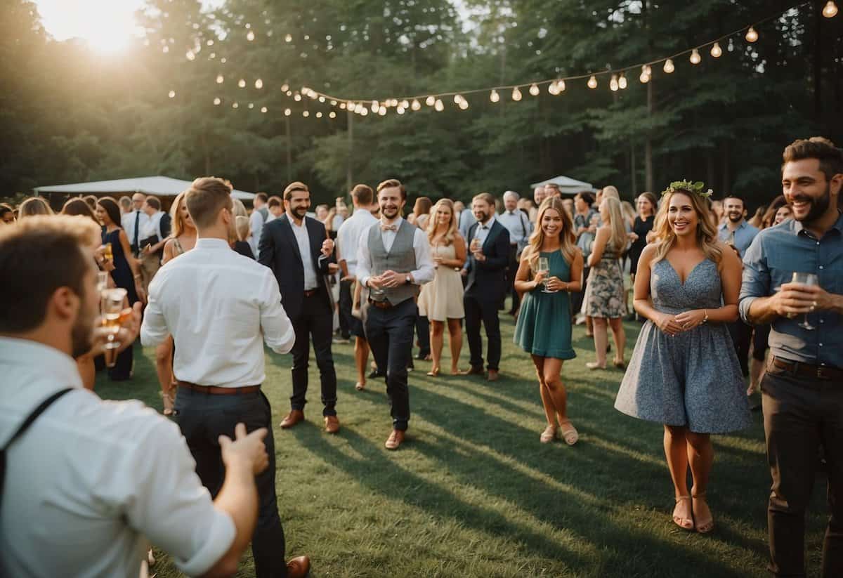 Guests enjoy lawn games, photo booth, and DIY cocktail station at a casual wedding