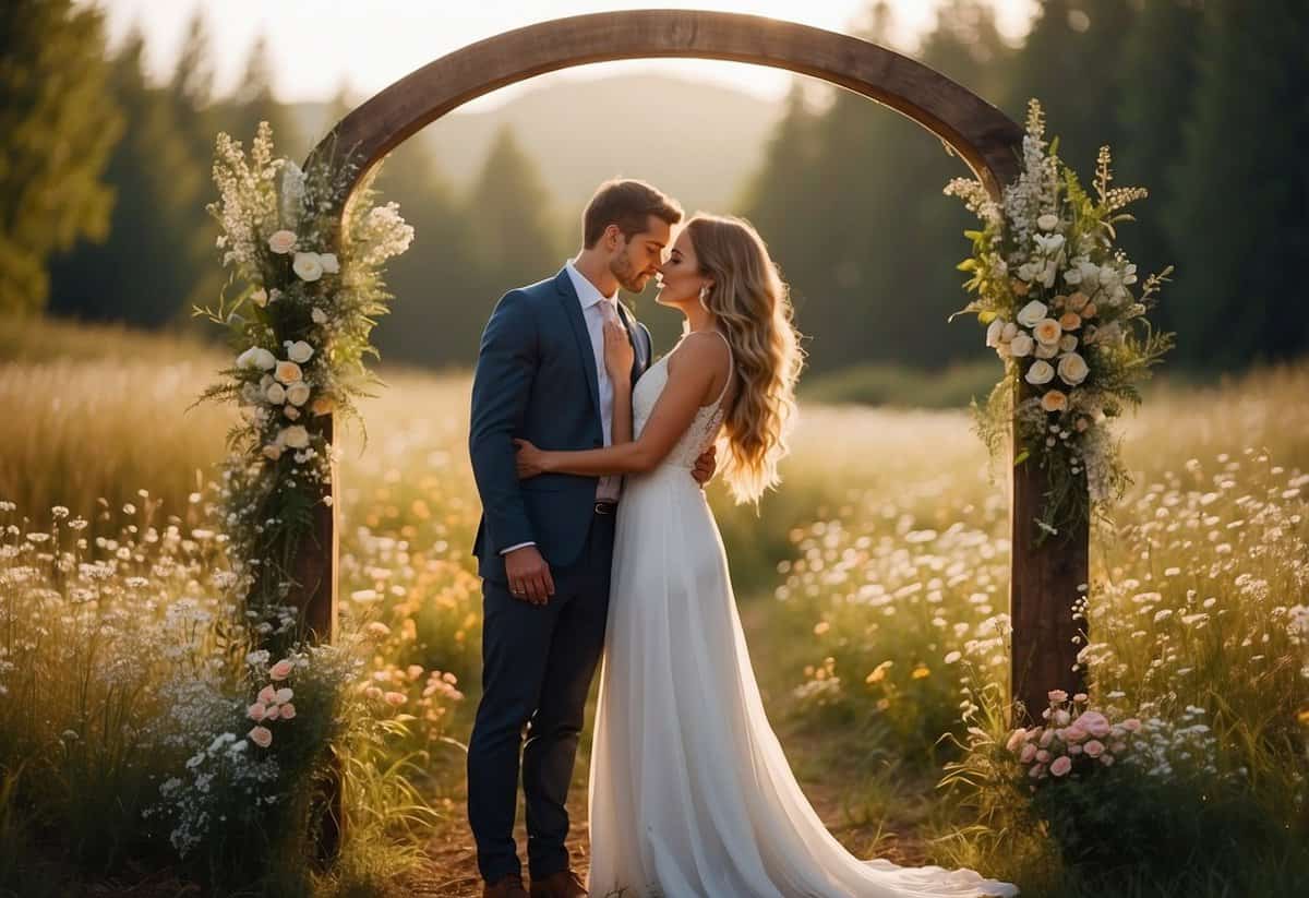 A couple stands under a simple wooden arch, surrounded by wildflowers and twinkling lights. A handwritten sign reads "Personalize Your Ceremony" in elegant script