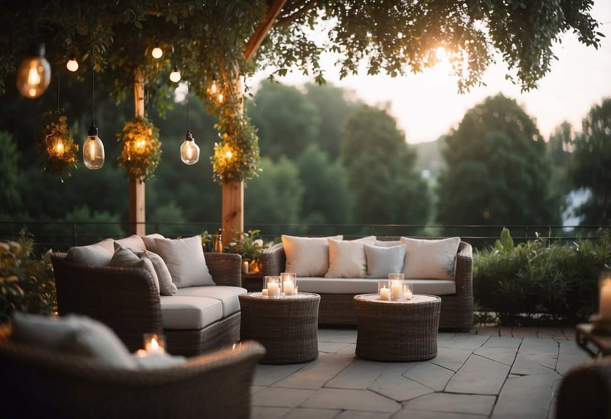 A cozy outdoor setting with cushioned chairs and soft lighting, perfect for a laid-back wedding reception