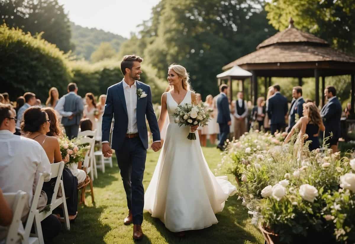A sunny outdoor wedding with guests dressed in relaxed, yet elegant attire. The setting is a picturesque garden with blooming flowers and a charming gazebo