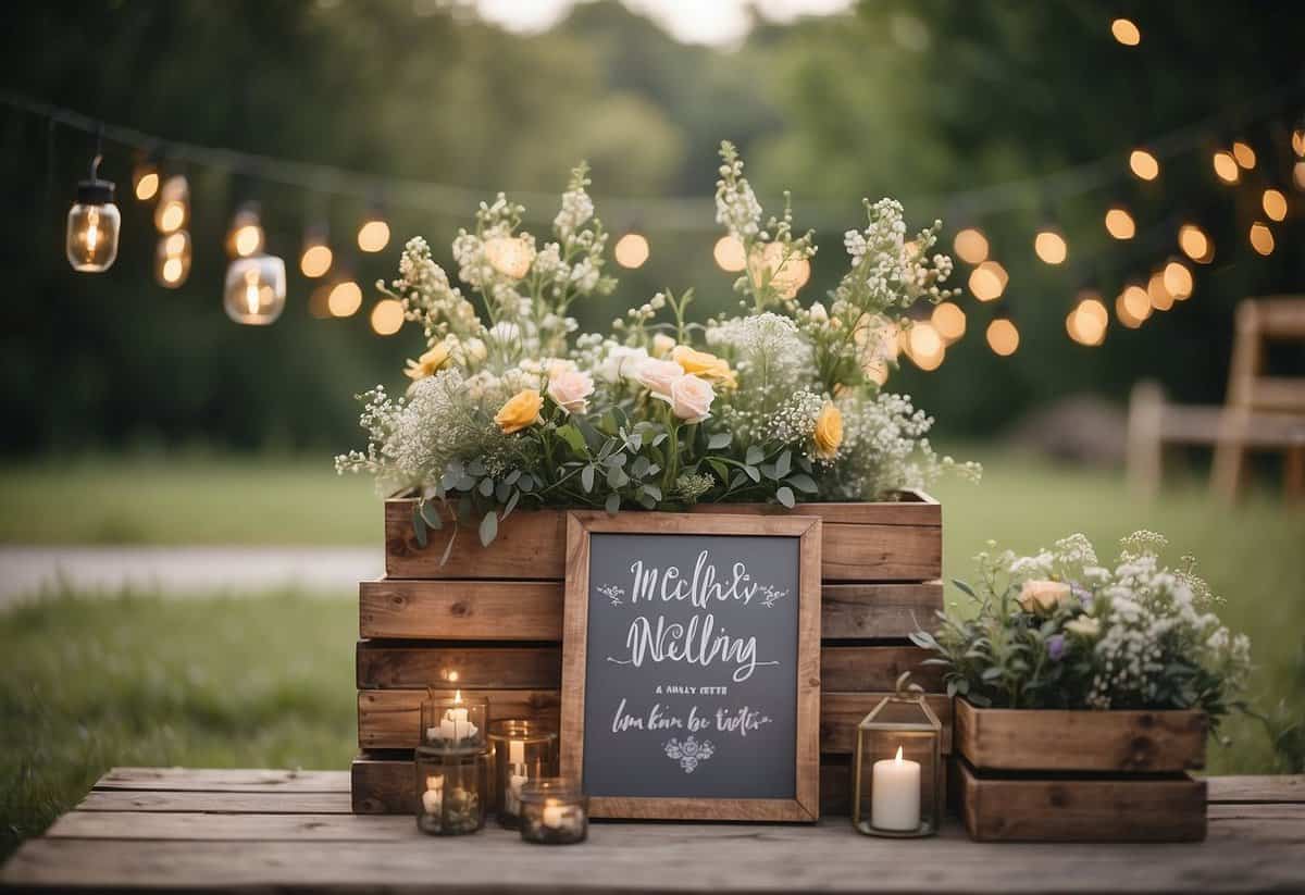 A rustic outdoor wedding with string lights, wildflower centerpieces, and wooden signage. A relaxed and casual vibe with simple, elegant decorations