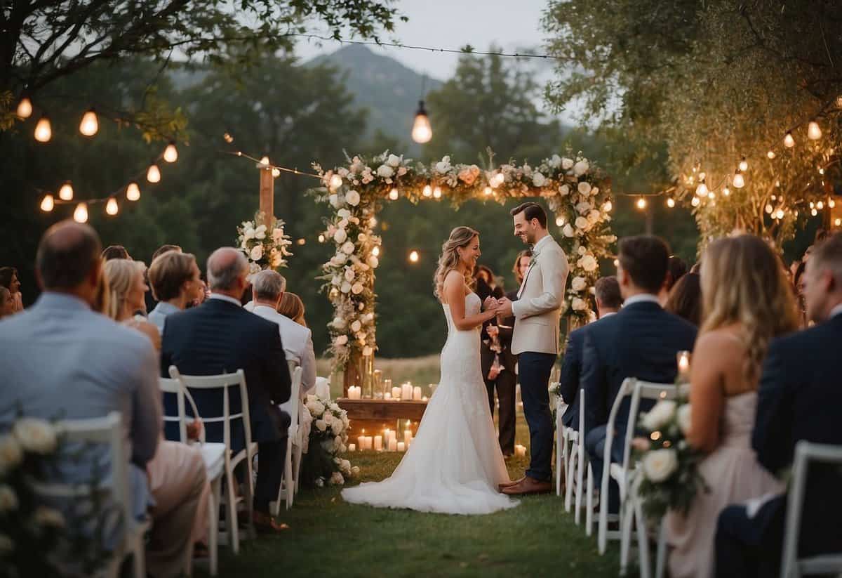 A couple exchanging vows in a beautifully decorated outdoor setting with string lights, floral arrangements, and cozy seating for guests