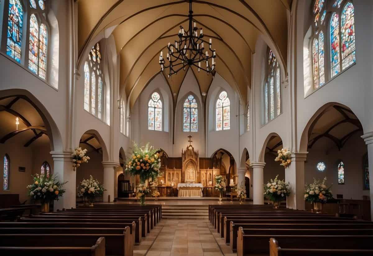 A traditional church with high ceilings and stained glass windows, filled with elegant pews and a grand altar adorned with flowers