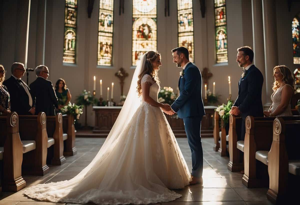 A bride and groom exchanging vows at the altar in a beautifully decorated church, with soft natural light streaming through stained glass windows