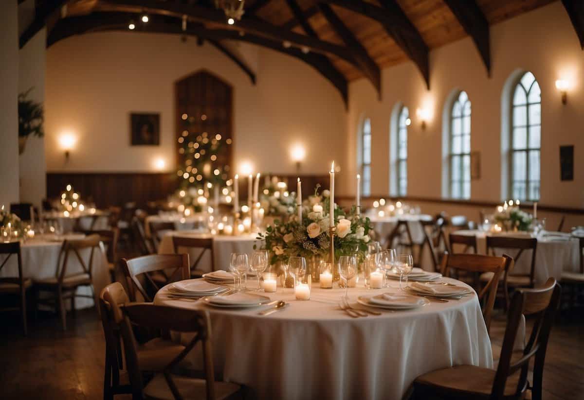 A cozy church hall set up for a rehearsal dinner, with elegant table settings, soft lighting, and a warm atmosphere