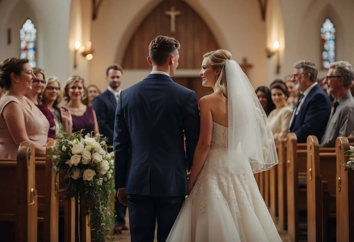 A bride and groom stand at the altar, surrounded by family and friends. The church is filled with the sound of meaningful hymns, creating a solemn and joyous atmosphere