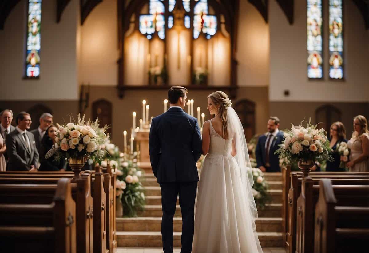 A couple stands at the altar, exchanging personalized wedding vows. The church is filled with warm light, and flowers adorn the pews