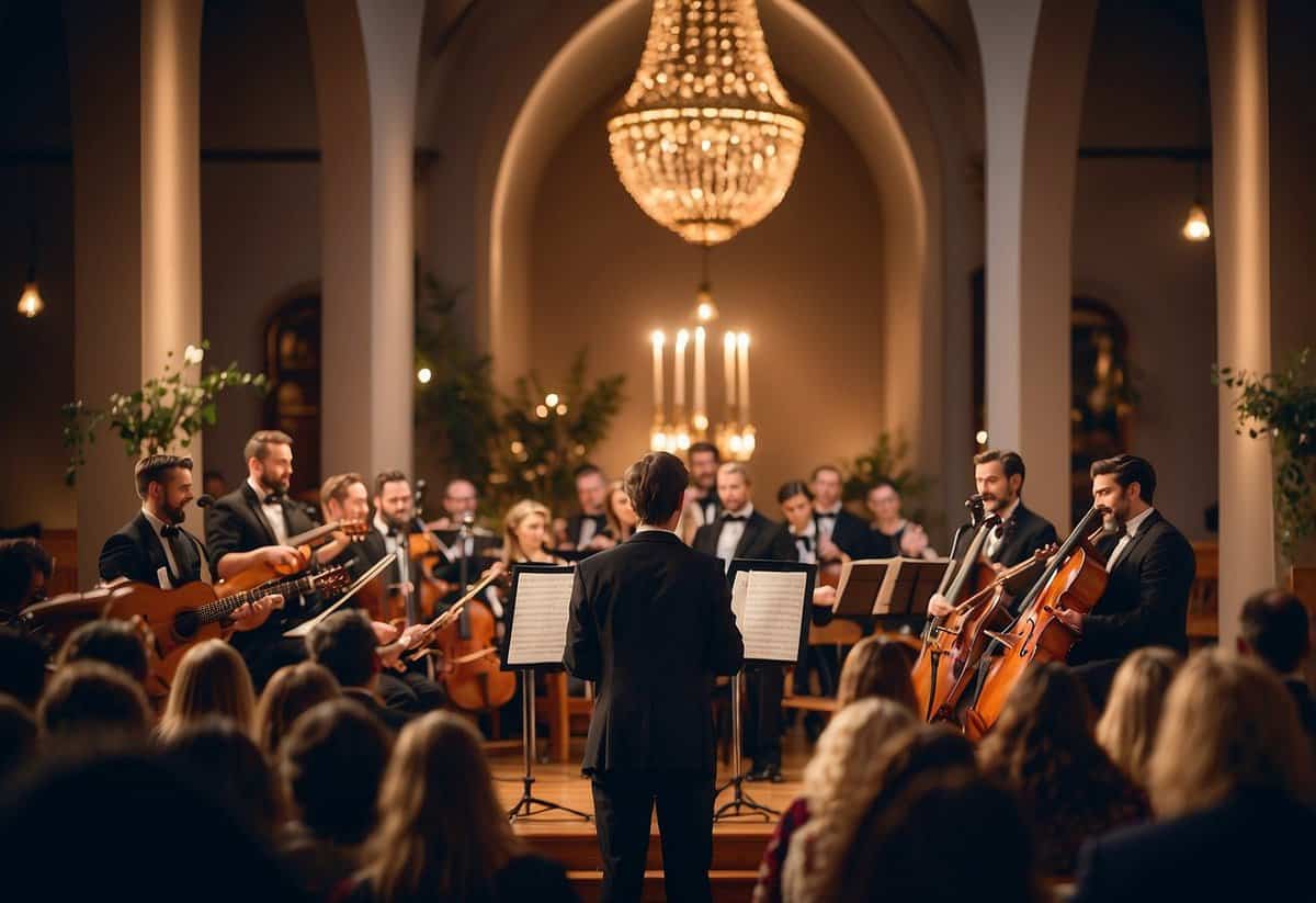 A live band or choir performs in a church, surrounded by elegant decorations and soft lighting. The atmosphere is filled with joy and love as the music fills the air
