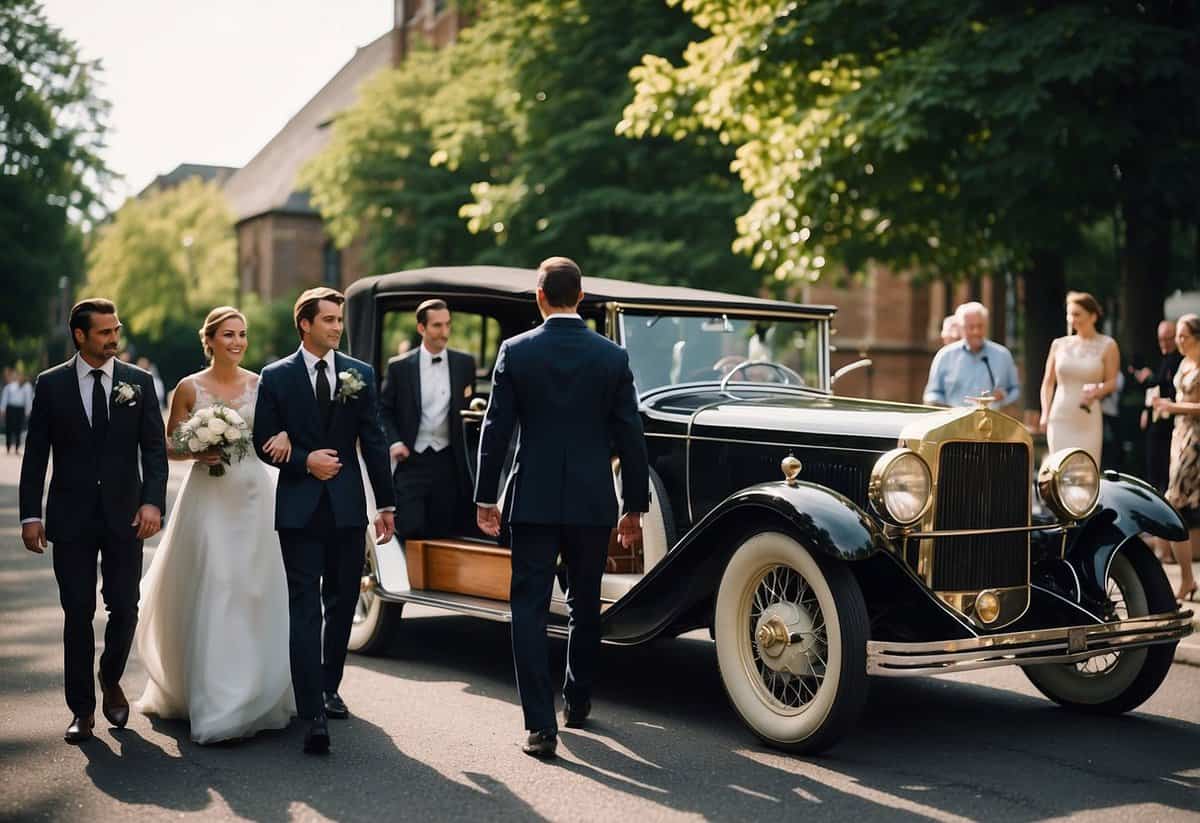 Guests arriving at a church wedding in a vintage car, a horse-drawn carriage, and a sleek limousine. A valet stands ready to assist