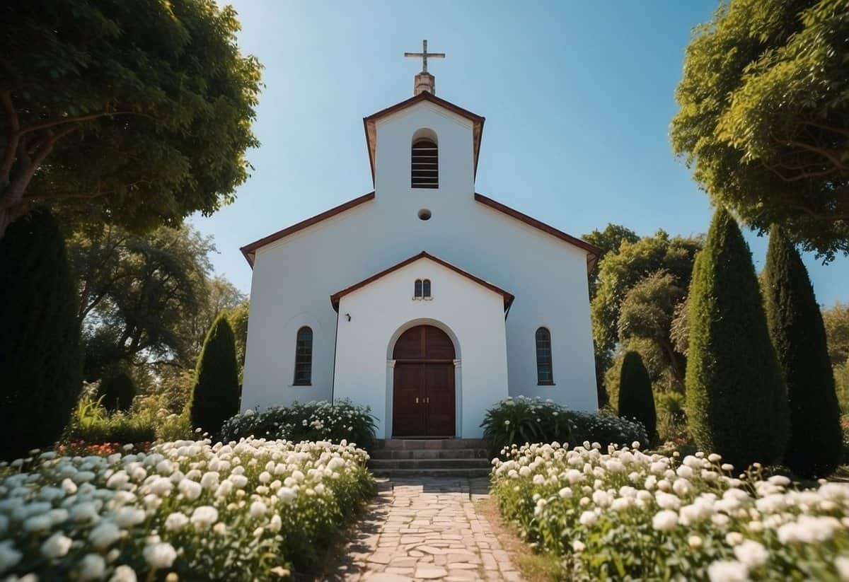 A beautiful white church with a grand entrance, surrounded by lush greenery and blooming flowers, under a clear blue sky