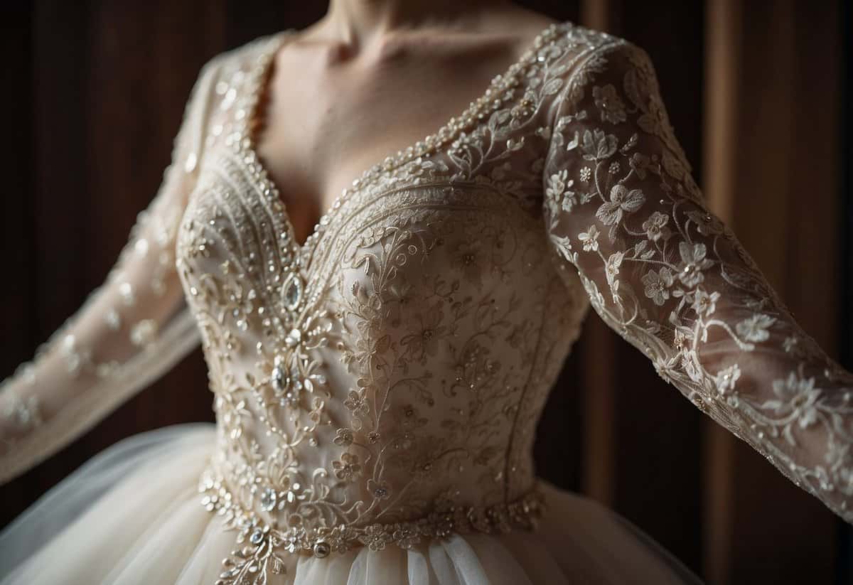 An elegant long-sleeve wedding dress hanging on a vintage wooden hanger, with delicate lace and intricate beadwork shimmering under soft lighting