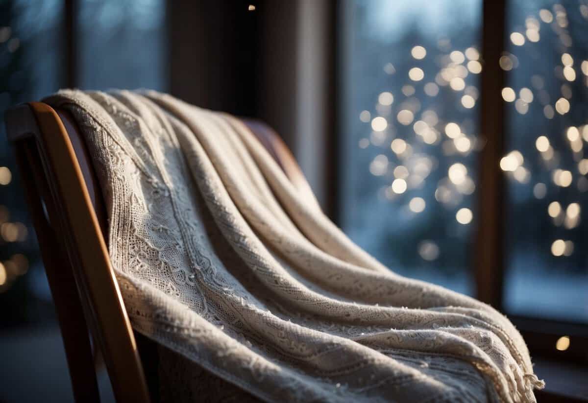 A stylish shawl or cape draped over a chair, with snowflakes falling outside a window