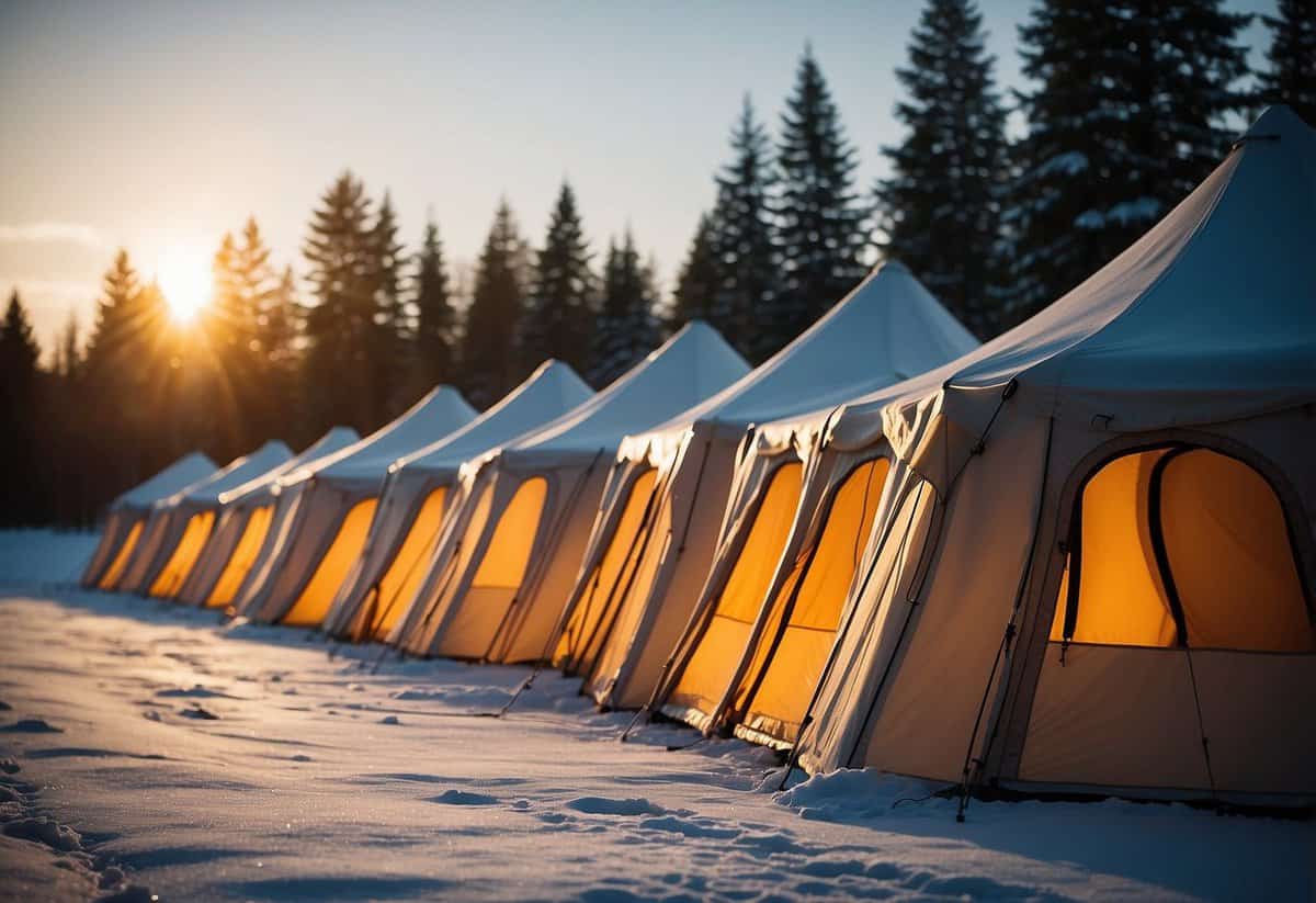 A row of heated outdoor tents stand in a snowy landscape, with warm light spilling out from within, providing shelter for a cold wedding celebration