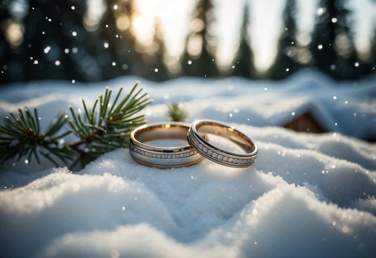 A snowy landscape with a cozy cabin, pine trees, and a pair of elegant wedding rings on a bed of glistening snow