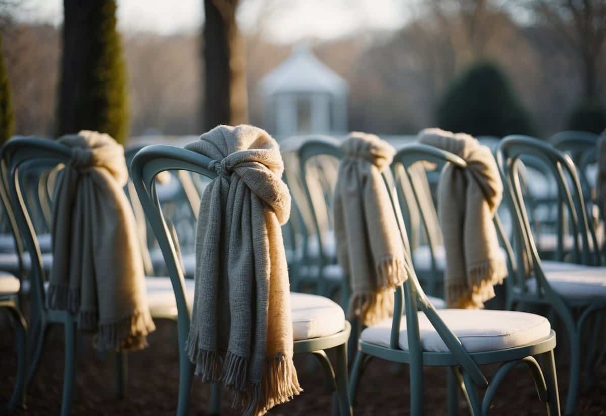 Elegant pashminas draped over chairs at a winter wedding