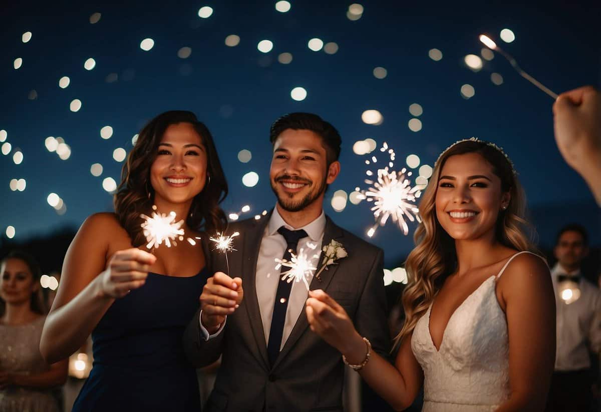 Guests hold sparklers, illuminating night sky at wedding send-off. Cold air creates a misty, magical atmosphere. Tips of sparklers glow with warmth as they bid farewell to the newlyweds