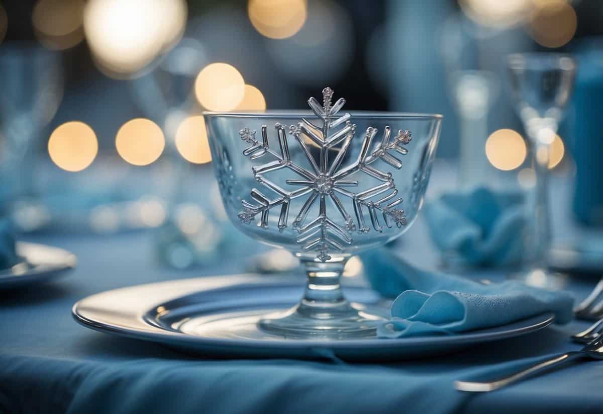 Snowflakes adorn a frosty wedding table with silver accents and icy blue hues