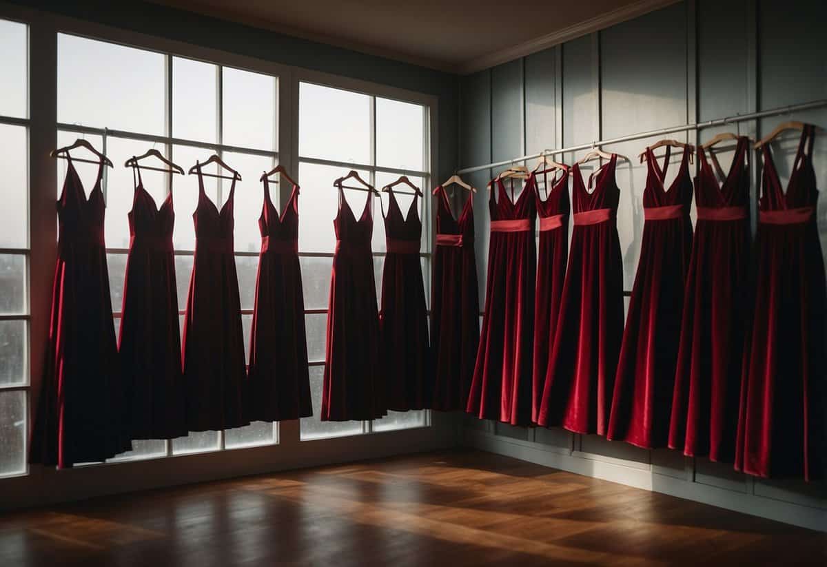 A row of deep red velvet bridesmaid dresses hanging in a dimly lit room, with a frosty window in the background