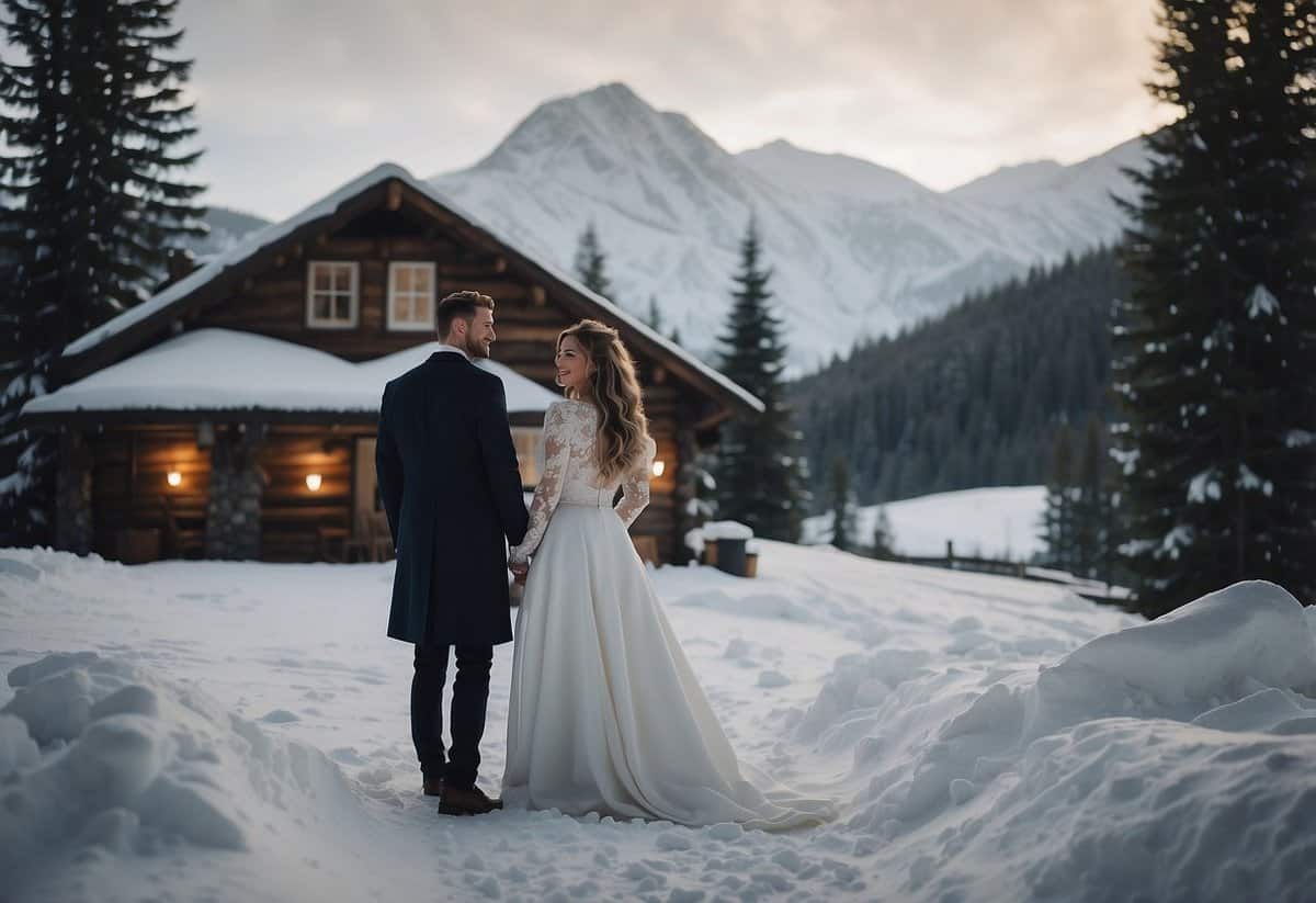 A snowy landscape with a cozy cabin, smoke rising from the chimney. A bride and groom stand outside, dressed in elegant winter attire