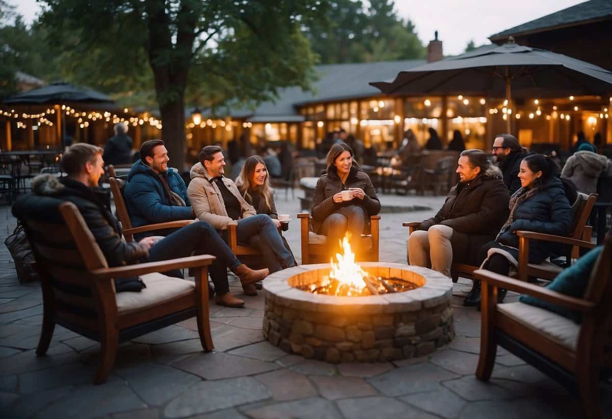 Guests sit around warm fire pits, sipping hot drinks. Heated blankets are draped over chairs, and cozy seating areas are scattered throughout the outdoor venue