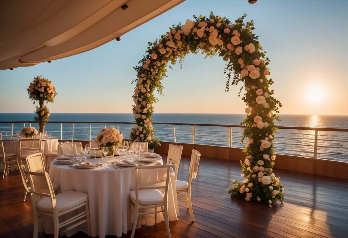 A cruise ship deck with a wedding arch and chairs set up, overlooking the ocean at sunset, with flowers and decorations