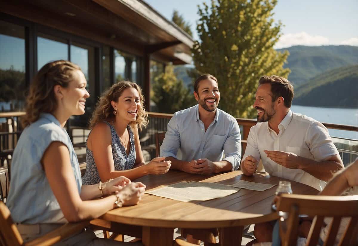 A group of guests gather on a sunny deck, chatting and laughing as they plan an excursion for the upcoming cruise wedding. Tables are scattered with maps, brochures, and excited faces