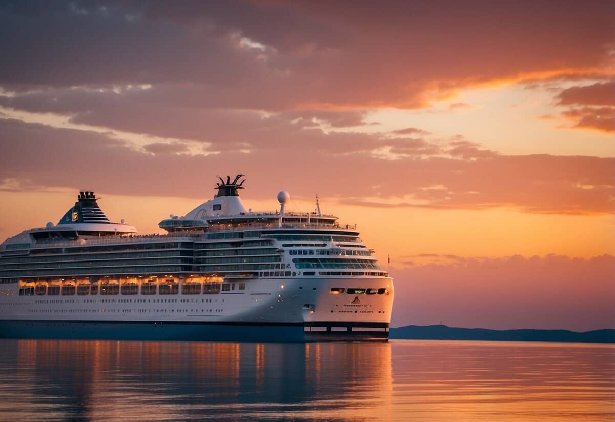 A cruise ship glides through the calm waters at sunset. The sky is painted with warm hues of orange and pink as the sun dips below the horizon