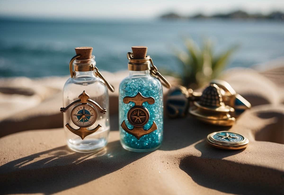 A beachfront table displays nautical-themed wedding favors: mini sailboats, anchor-shaped bottle openers, and compass keychains. The ocean sparkles in the background