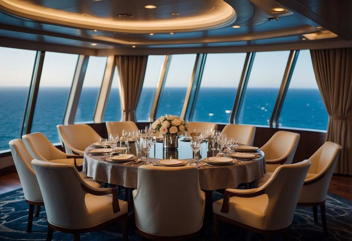 A luxurious private dining room on a sleek cruise ship, with elegant table settings and panoramic ocean views