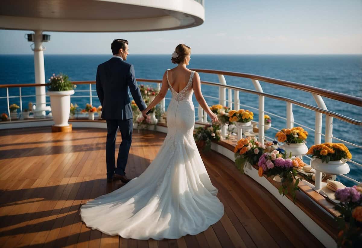 A cruise ship deck with a picturesque ocean backdrop, a beautifully set wedding altar, and a professional photographer capturing the moment