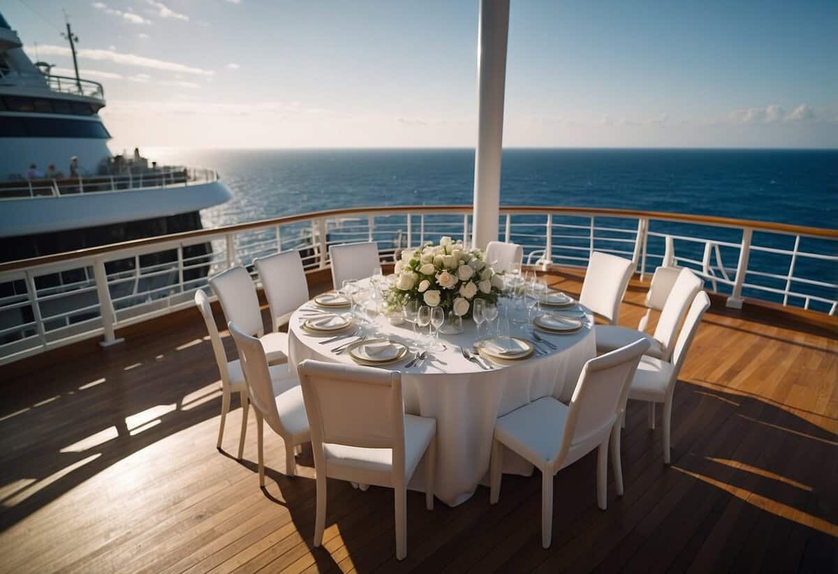 A cruise ship with a wedding setup on the deck, overlooking the ocean, with elegant decorations and seating for guests