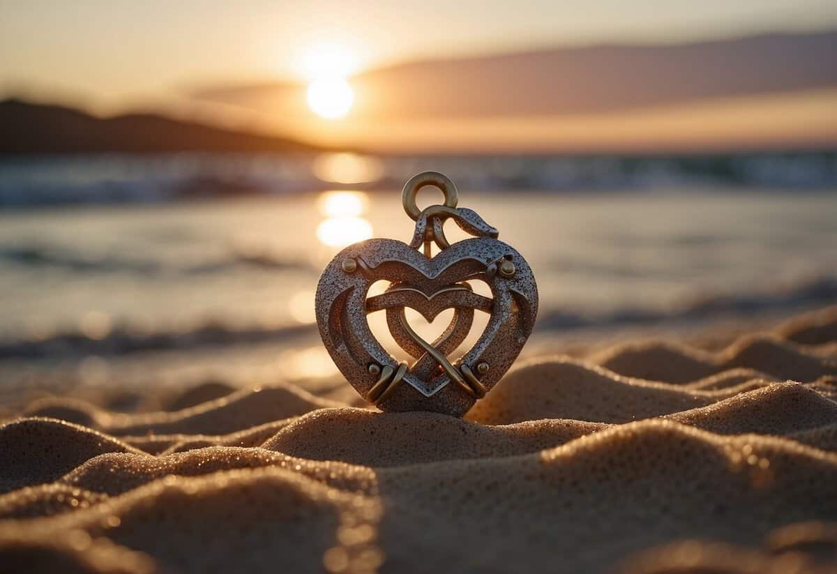 A heart-shaped anchor rests on a sandy beach, surrounded by swirling waves and a setting sun