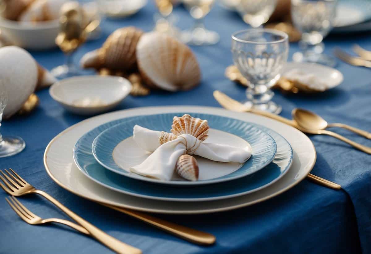A beach-themed table setting with seashells scattered among the centerpieces and place settings. Blue and white color scheme with a hint of gold accents
