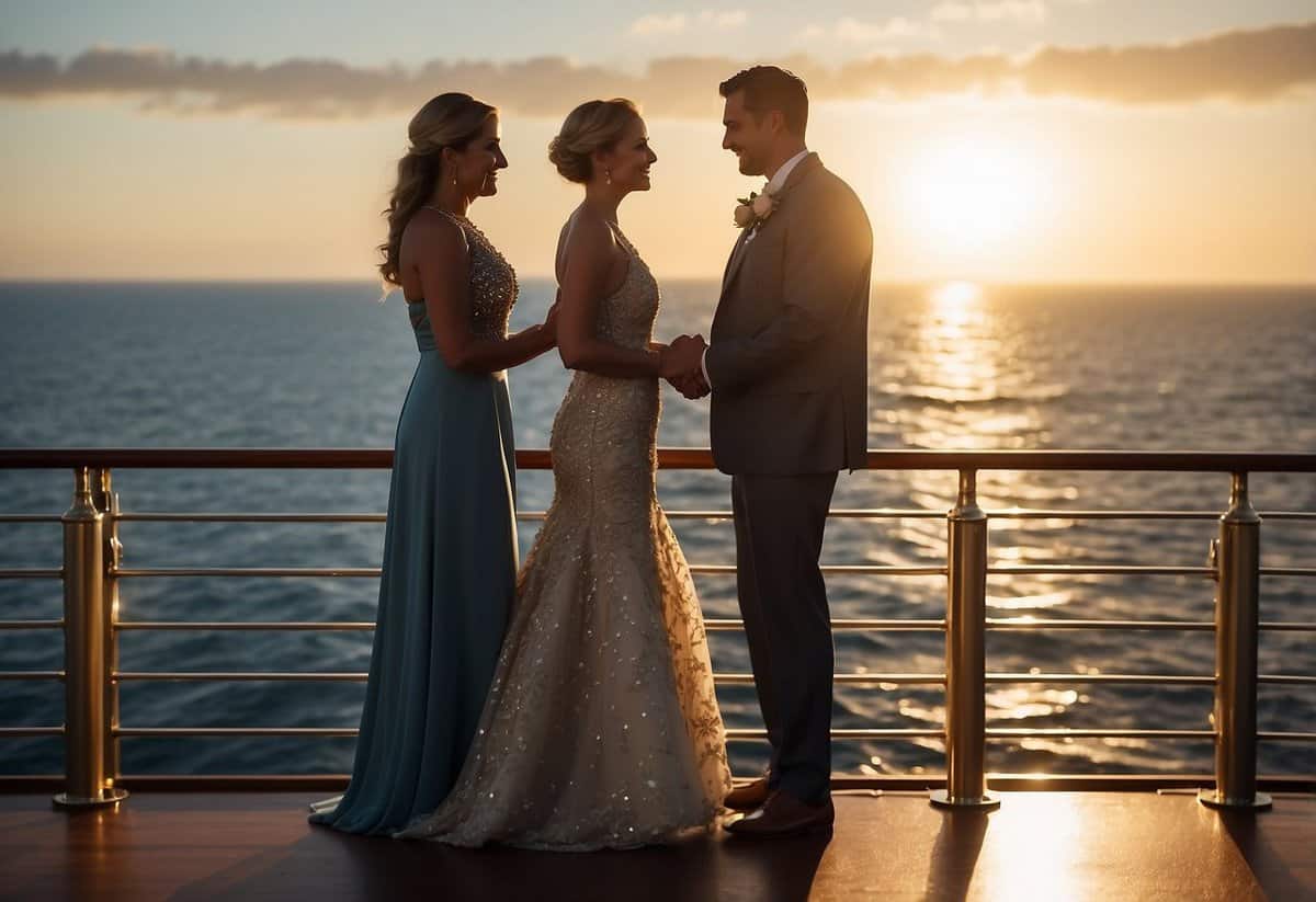 A couple stands on the deck of a luxurious cruise ship, surrounded by sparkling ocean waters and a picturesque sunset, as they exchange vows in a romantic wedding ceremony