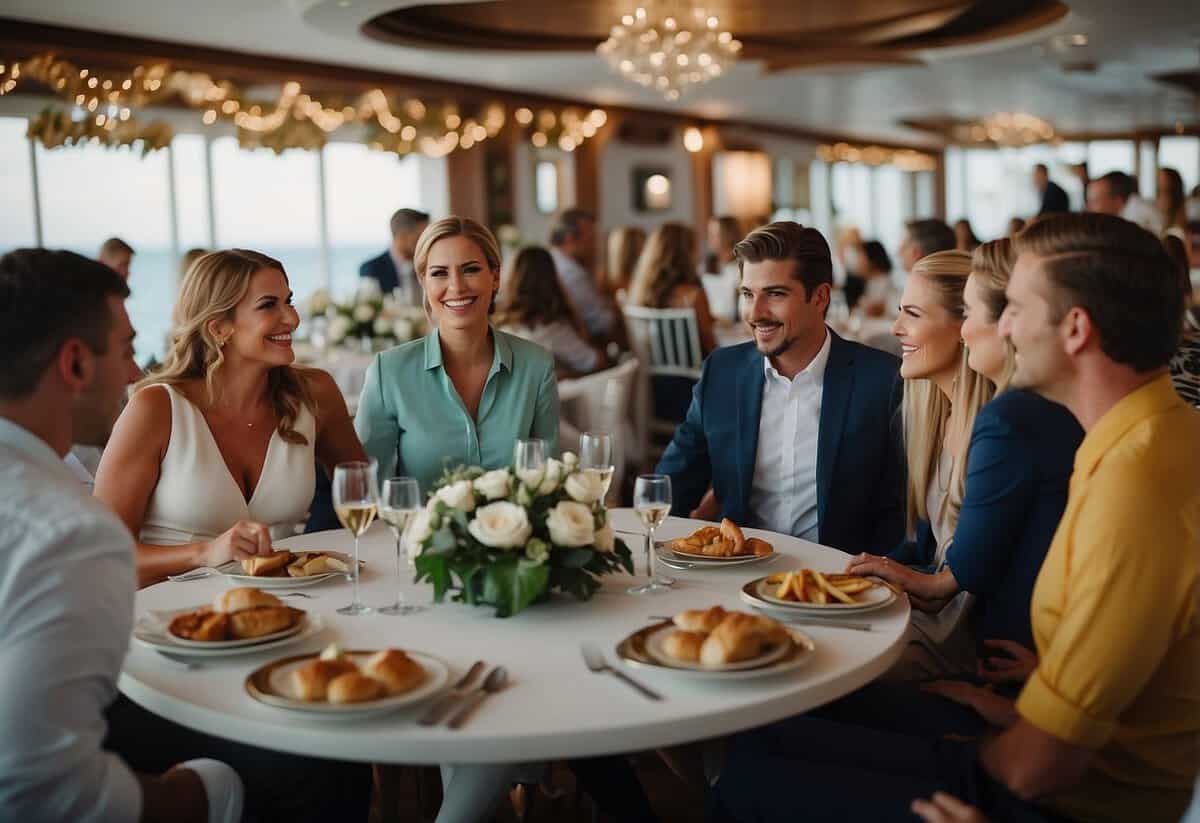 A couple sits at a table, surrounded by wedding planners and cruise staff. They are discussing various activities and options for their upcoming cruise wedding